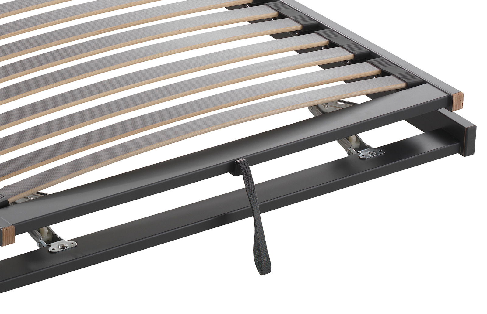 Detailansicht eines Federholzrahmens mit verstellbaren Latten und stabiler Metallkonstruktion.