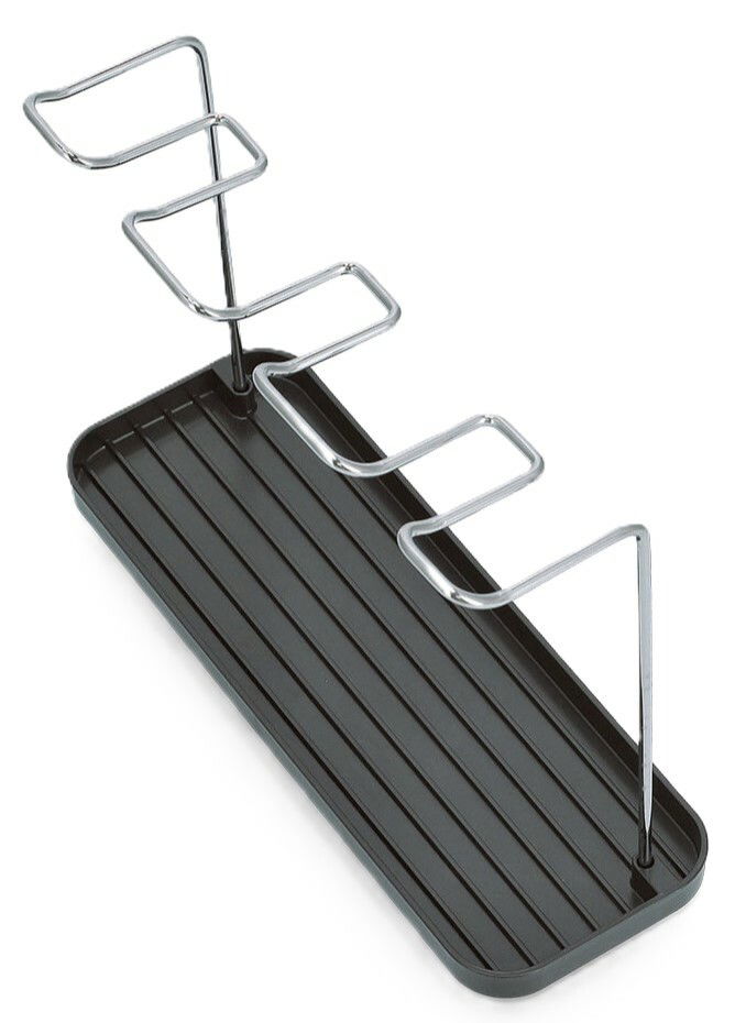 Geschirrabtropfständer aus Metall mit schwarzer Abtropfschale, seitliche Perspektive