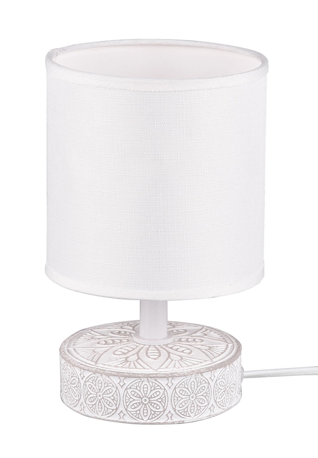 Tischleuchte MARIE mit weißem Stoffschirm und dekorativem Sockel, seitliche Perspektive