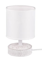 Tischleuchte MARIE mit weißem Stoffschirm und dekorativem Sockel, seitliche Perspektive