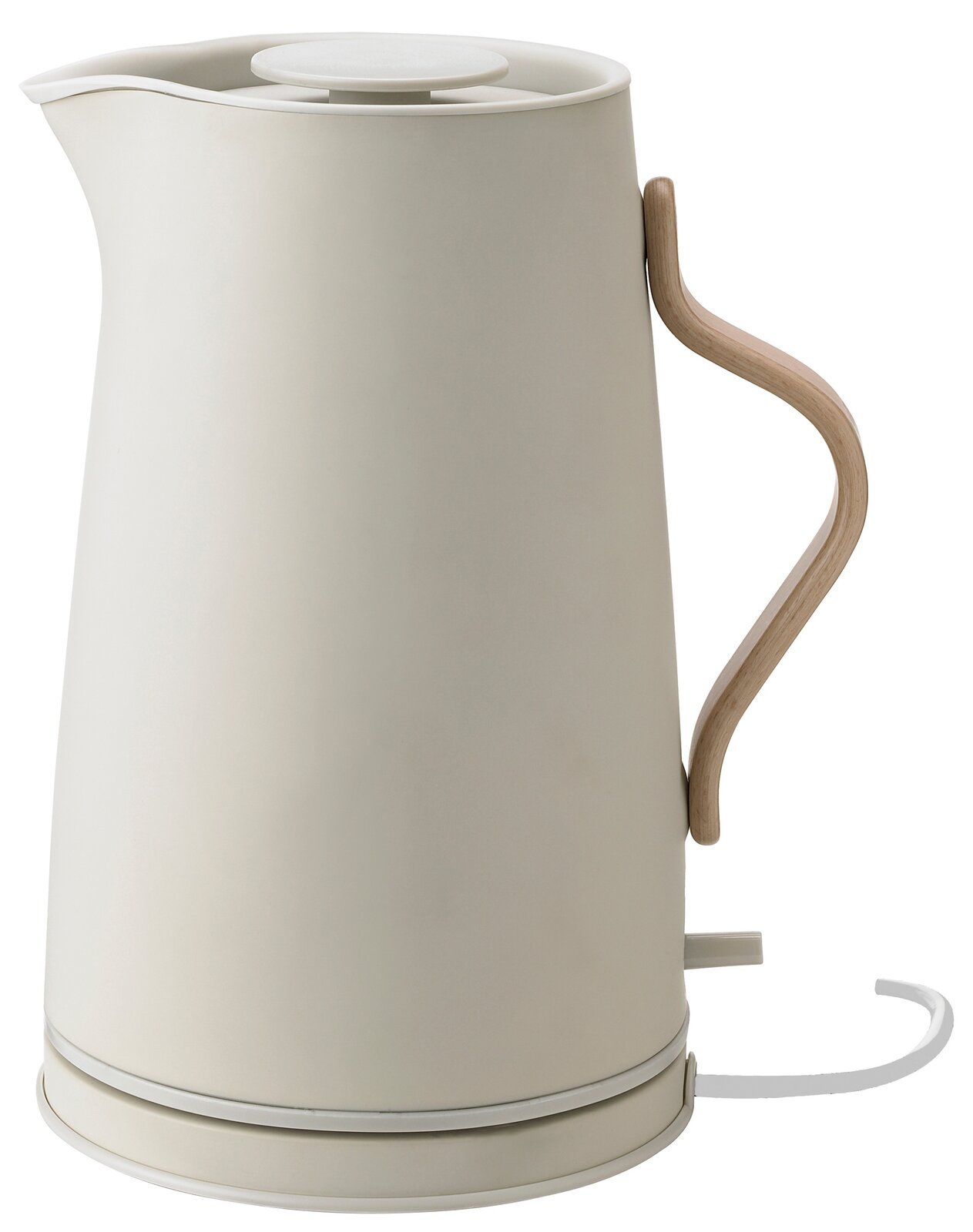 Stelton Wasserkocher EMMA Moderner cremefarbener Wasserkocher mit Holzgriff, seitliche Ansicht.