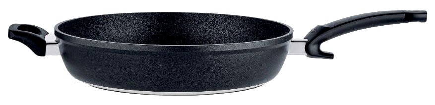 Schwarze Comfort Pfanne 32cm mit ergonomischem Griff, seitliche Perspektive