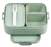 Grüne Bento-Lunchbox mit mehreren Fächern und einer Gabel, von oben betrachtet.