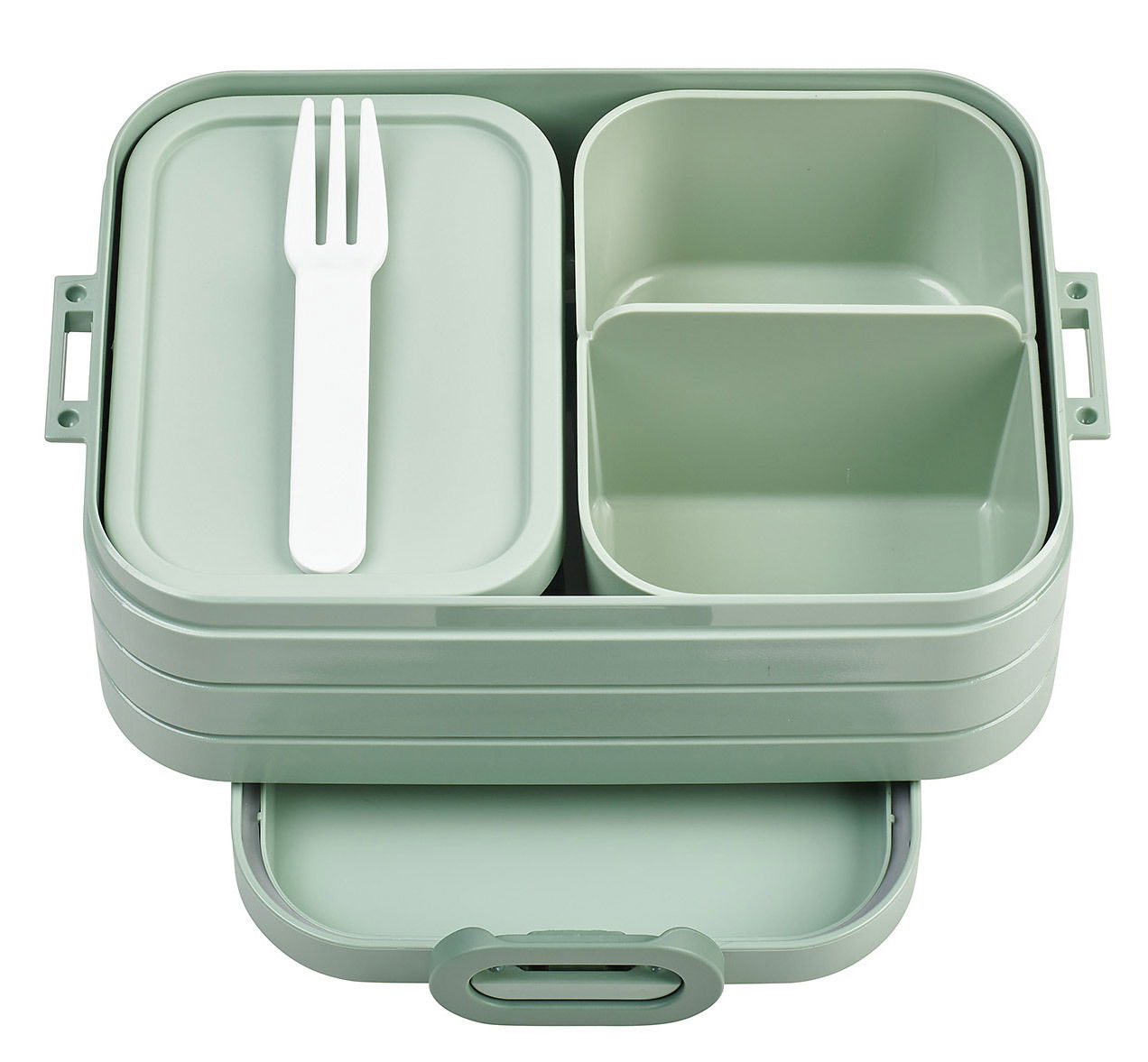 Grüne Bento-Lunchbox mit mehreren Fächern und einer Gabel, von oben betrachtet.