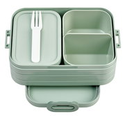 Grüne Bento-Lunchbox mit mehreren Fächern und einer Gabel, von oben betrachtet.