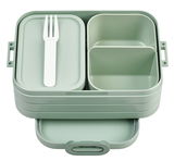 Grüne Bento-Lunchbox mit mehreren Fächern und einer Gabel, von oben betrachtet.