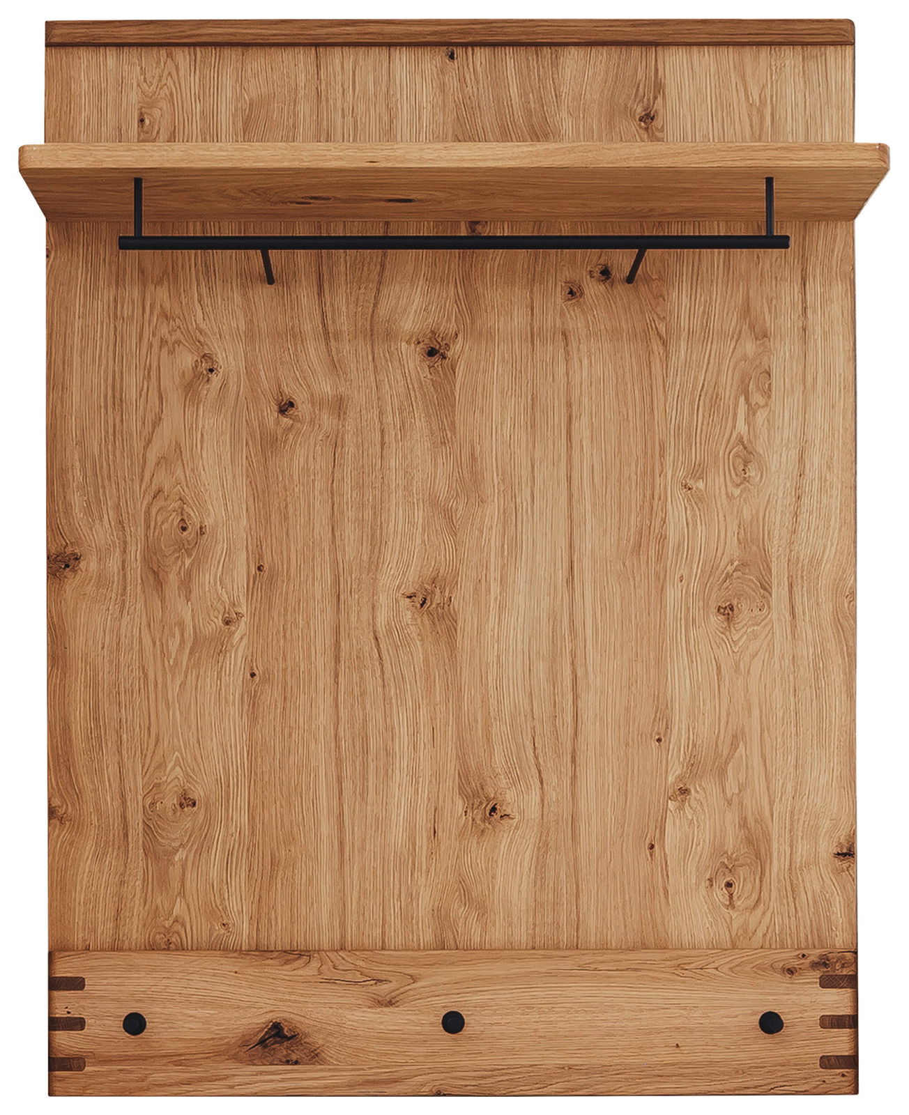 Waldwelt Garderobenpaneel LOPEZ Garderobenpaneel aus Holz mit natürlicher Maserung, schwarzer Kleiderstange und Haken, Frontalansicht