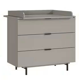 Grauer Wickelaufsatz mit drei Schubladen, seitliche Perspektive