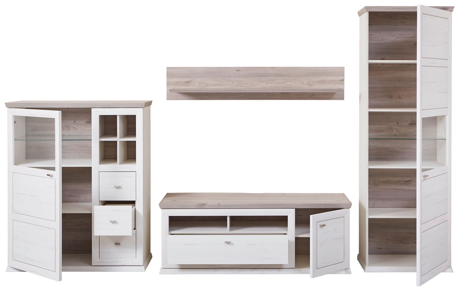 Wohnwand in heller Holzoptik mit mehreren Schränken und Regalen, frontal abgebildet.