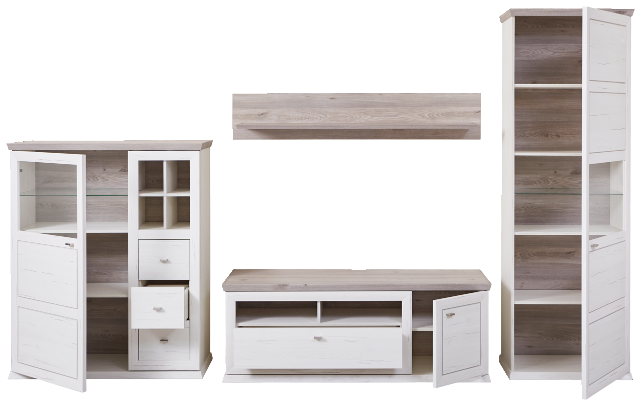 Wohnwand in heller Holzoptik mit mehreren Schränken und Regalen, frontal abgebildet.