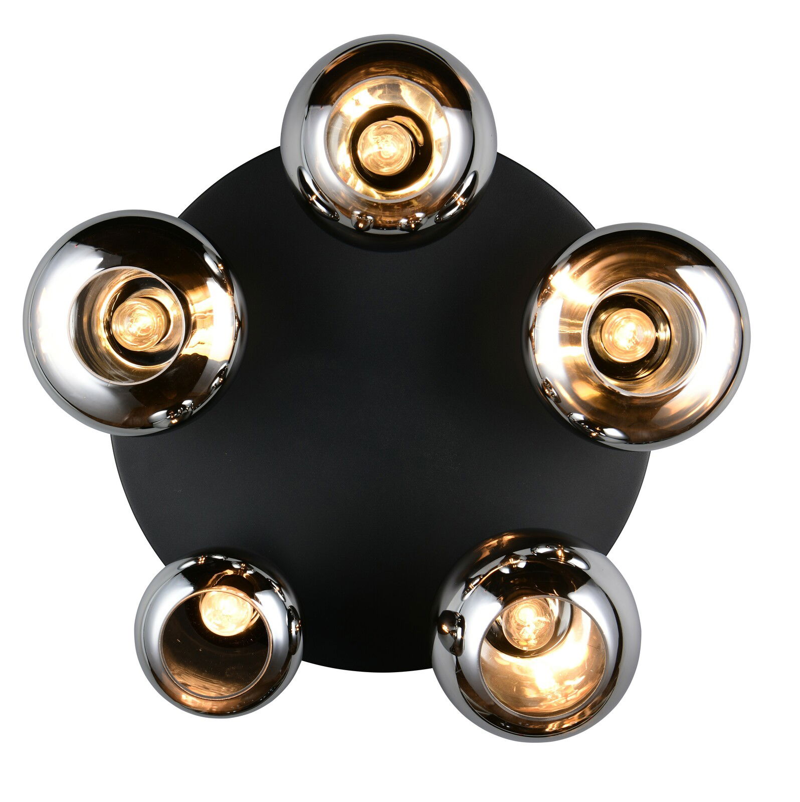 Moderne Deckenleuchte mit fünf glänzenden, runden Lampenschirmen aus der Vogelperspektive