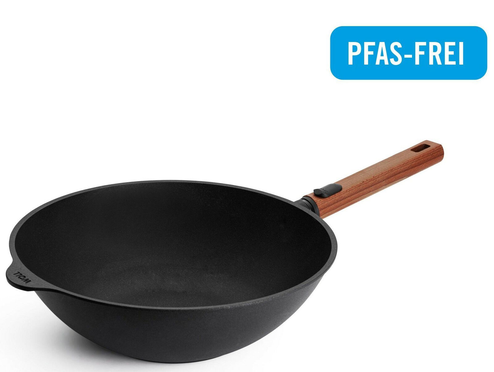Gusseisen-Wok 30cm mit Holzgriff, PFAS-frei, seitliche Perspektive
