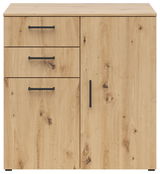 Kommode aus hellem Holz mit drei Schubladen und einer Tür, Frontansicht