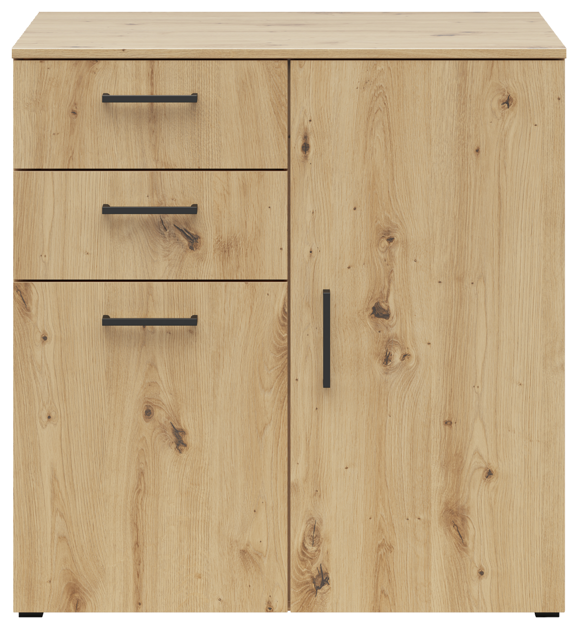 Kommode aus hellem Holz mit drei Schubladen und einer Tür, Frontansicht