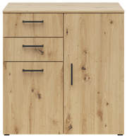 Kommode aus hellem Holz mit drei Schubladen und einer Tür, Frontansicht