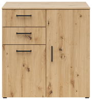 Kommode aus hellem Holz mit drei Schubladen und einer Tür, Frontansicht