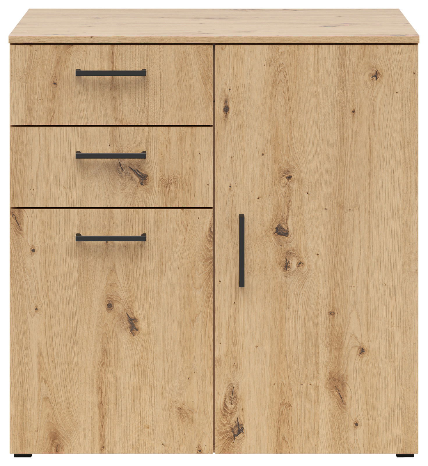 Kommode aus hellem Holz mit drei Schubladen und einer Tür, Frontansicht