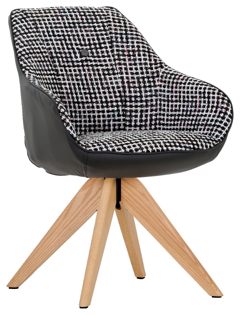Novel Armlehnstuhl COOL FUNKY Moderner Armlehnstuhl mit schwarz-weißem Muster und Holzbeinen, seitliche Perspektive