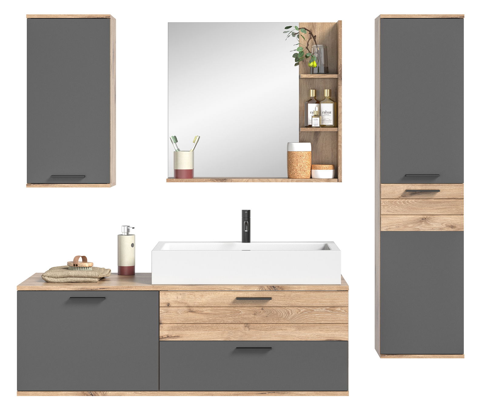 Moderne Badkombination mit grauen und holzfarbenen Elementen, bestehend aus einem Waschtisch mit Waschbecken, einem Spiegel mit seitlichen Regalen und zwei Schränken, frontal abgebildet.