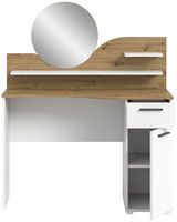 Schminktisch mit rundem Spiegel, Holz- und Weißoptik, Schublade und Schrank, frontale Ansicht