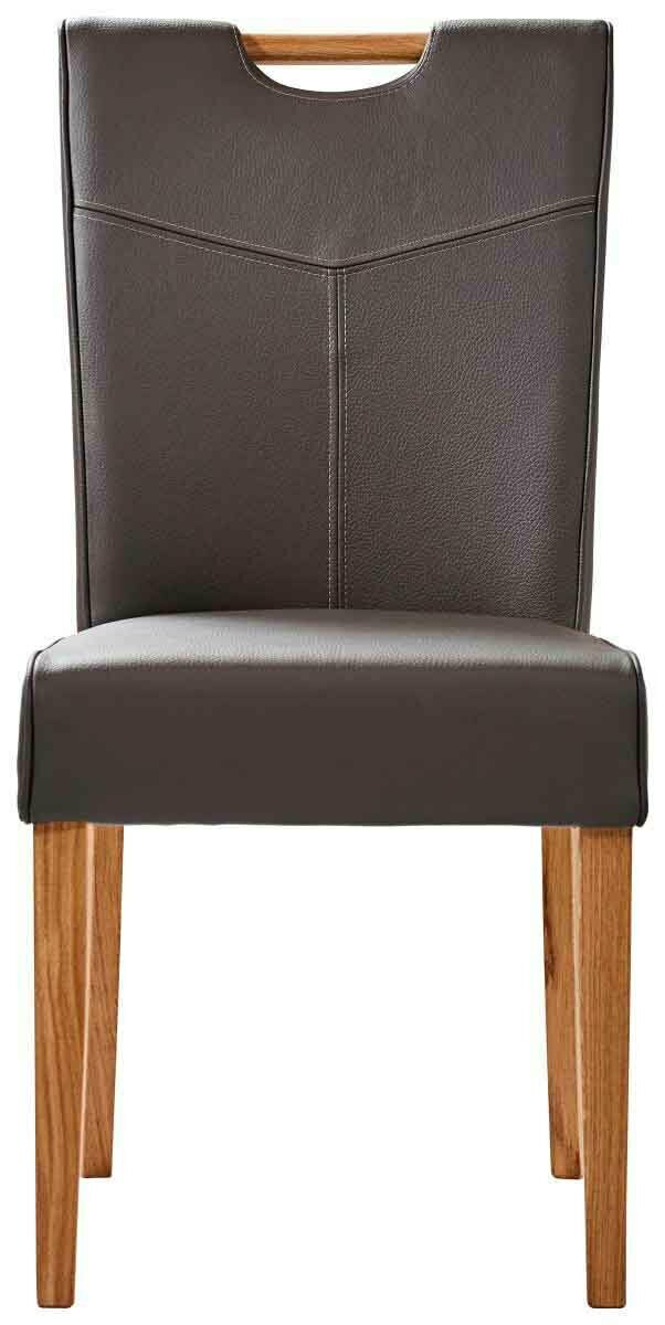 Vorderansicht eines braunen Stuhls der Serie STOCKHOLM mit Holzbeinen und gepolsterter Rückenlehne.