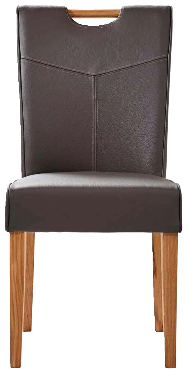 Vorderansicht eines braunen Stuhls der Serie STOCKHOLM mit Holzbeinen und gepolsterter Rückenlehne.