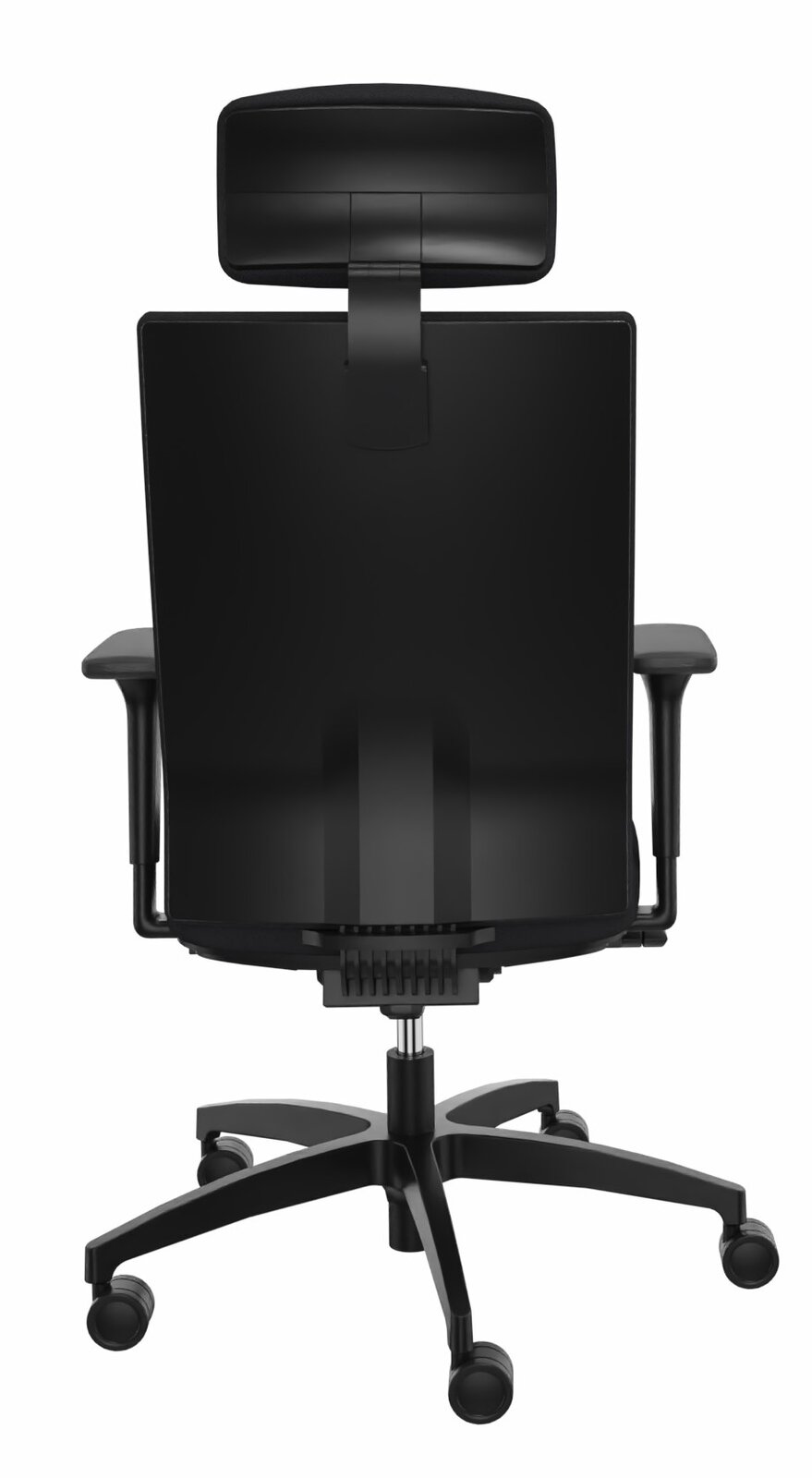 Rückansicht eines schwarzen Drehstuhls mit Kopfstütze und Armlehnen, Modell Dauphin Drehstuhl ADJUST.