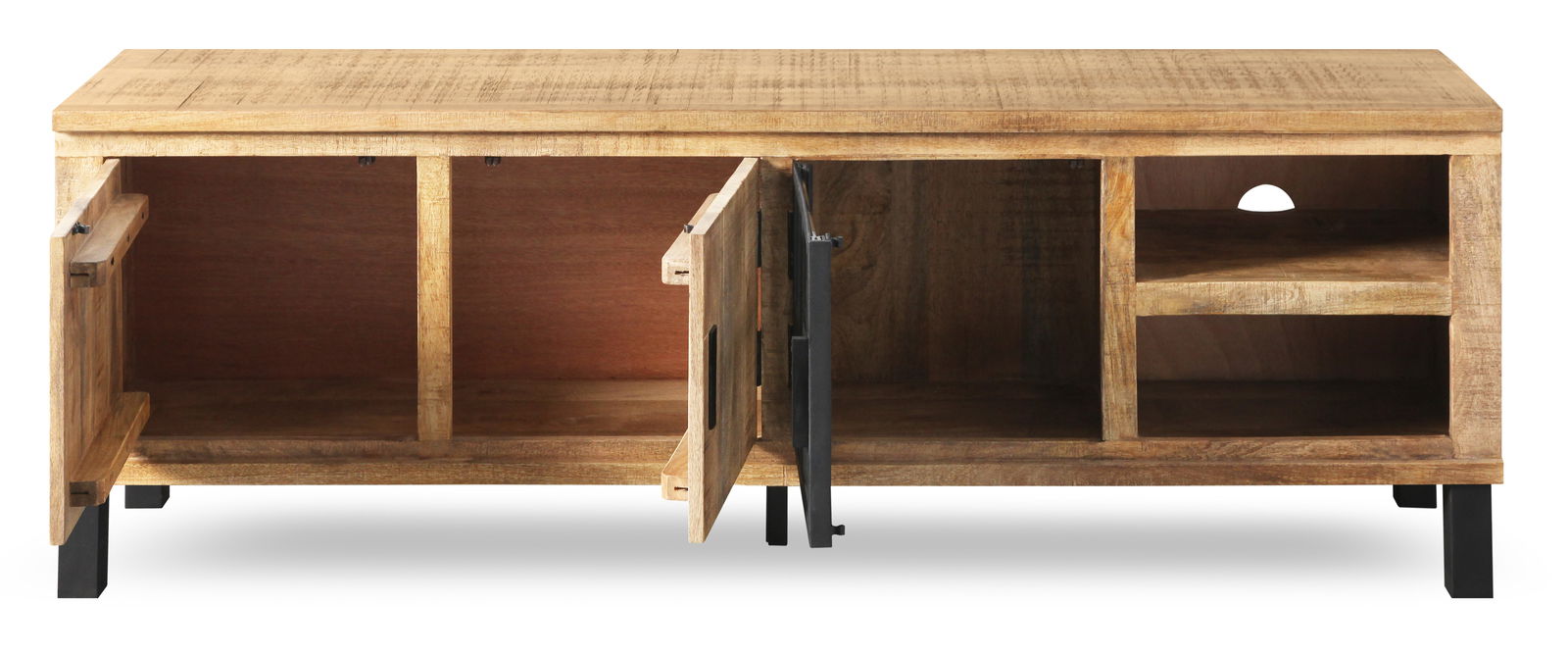 Frontale Ansicht eines Lowboards aus Holz mit offenen Türen und Regalfächern.