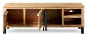 Frontale Ansicht eines Lowboards aus Holz mit offenen Türen und Regalfächern.