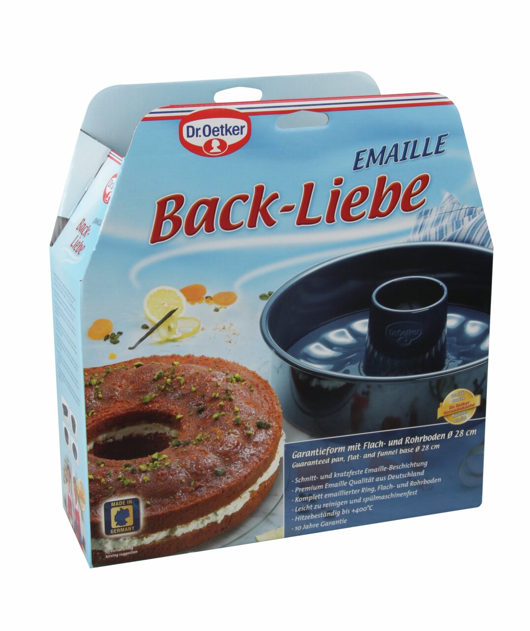Verpackung der Dr. Oetker Back-Liebe Emaille Backform mit Flach- und Rohrboden, 28 cm Durchmesser, in schräger Perspektive.