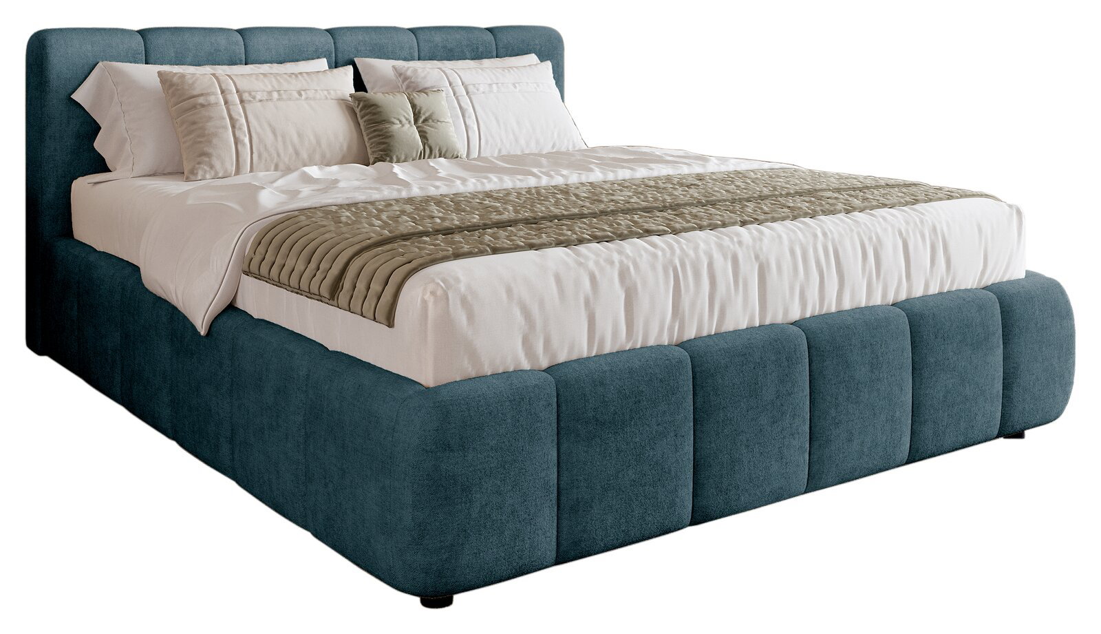 Polsterbettgestell in seitlicher Perspektive mit blauem Stoffbezug und eleganter Bettwäsche.