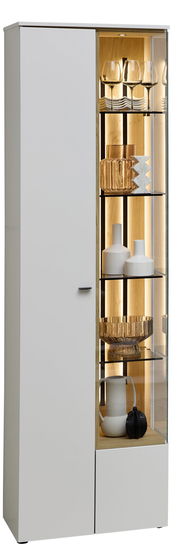 Moderne Vitrine mit Glastür, beleuchtetem Innenraum und dekorativen Objekten, seitliche Perspektive