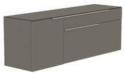 Hänge-Lowboard in grauer Farbe mit zwei Schubladen und einer Tür, seitliche Perspektive