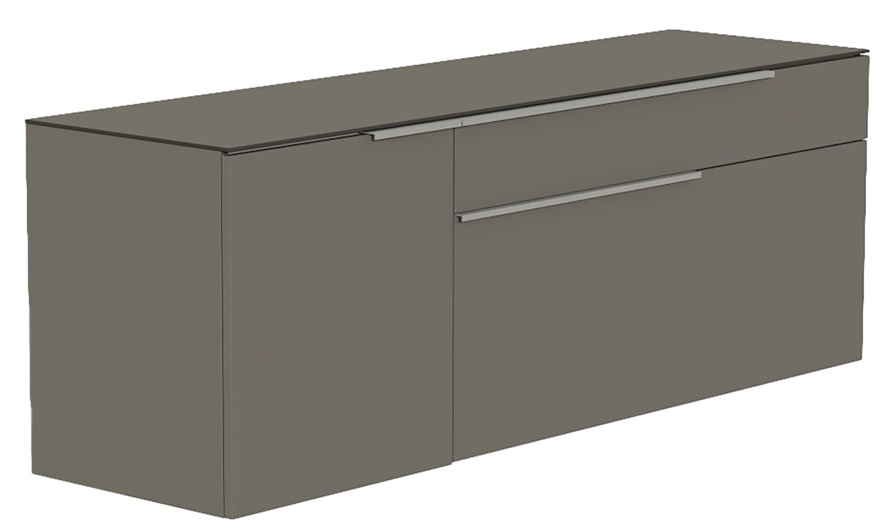 Hänge-Lowboard in grauer Farbe mit zwei Schubladen und einer Tür, seitliche Perspektive