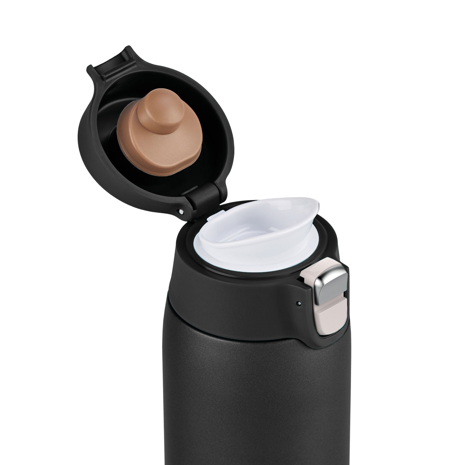 Schwarzer Thermobecher mit geöffnetem Deckel, seitliche Perspektive