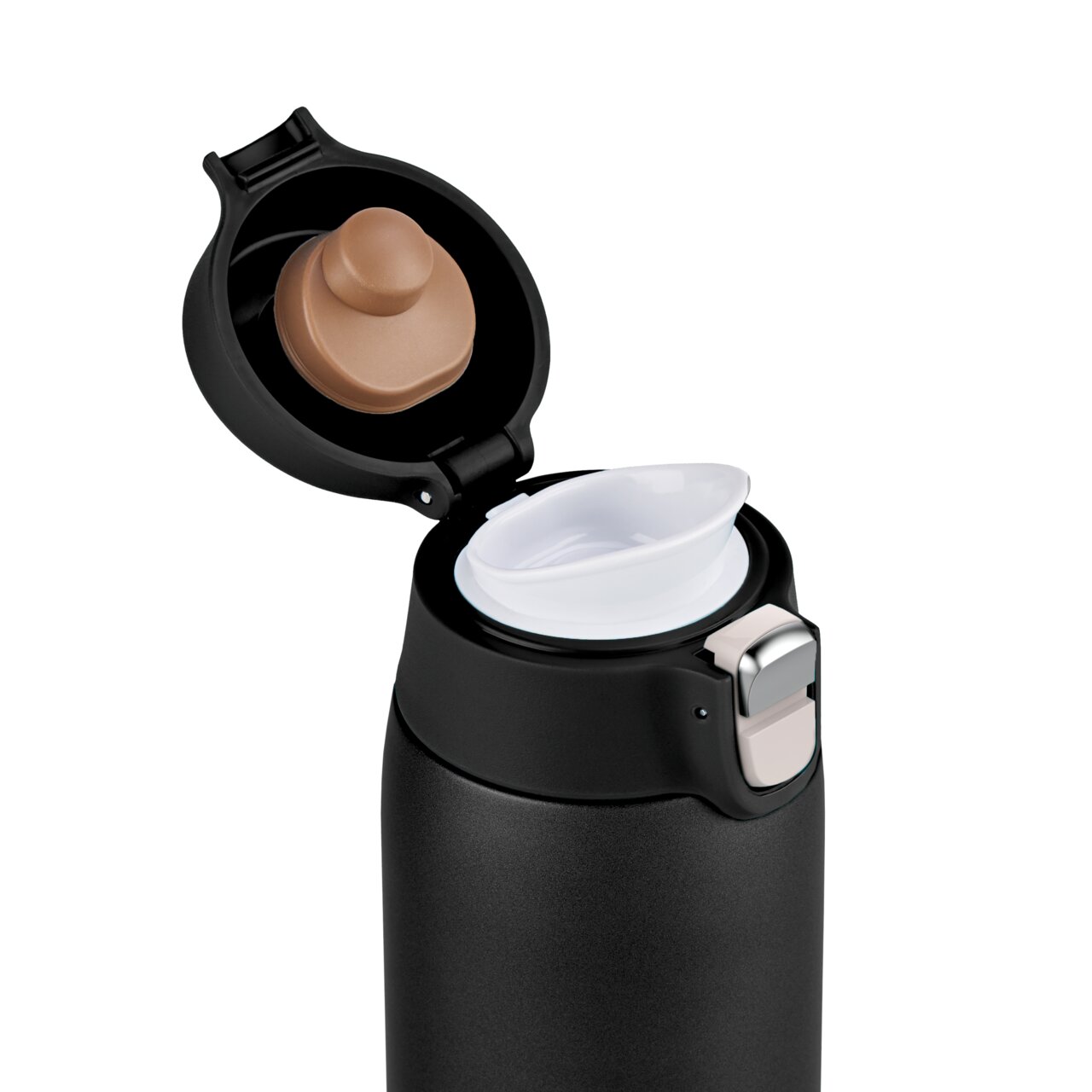 Schwarzer Thermobecher mit geöffnetem Deckel, seitliche Perspektive