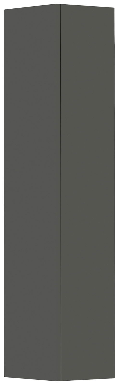 Dunkelgrauer Hänge-Garderobenschrank mit einer Tür, perspektivisch von vorne gezeigt.