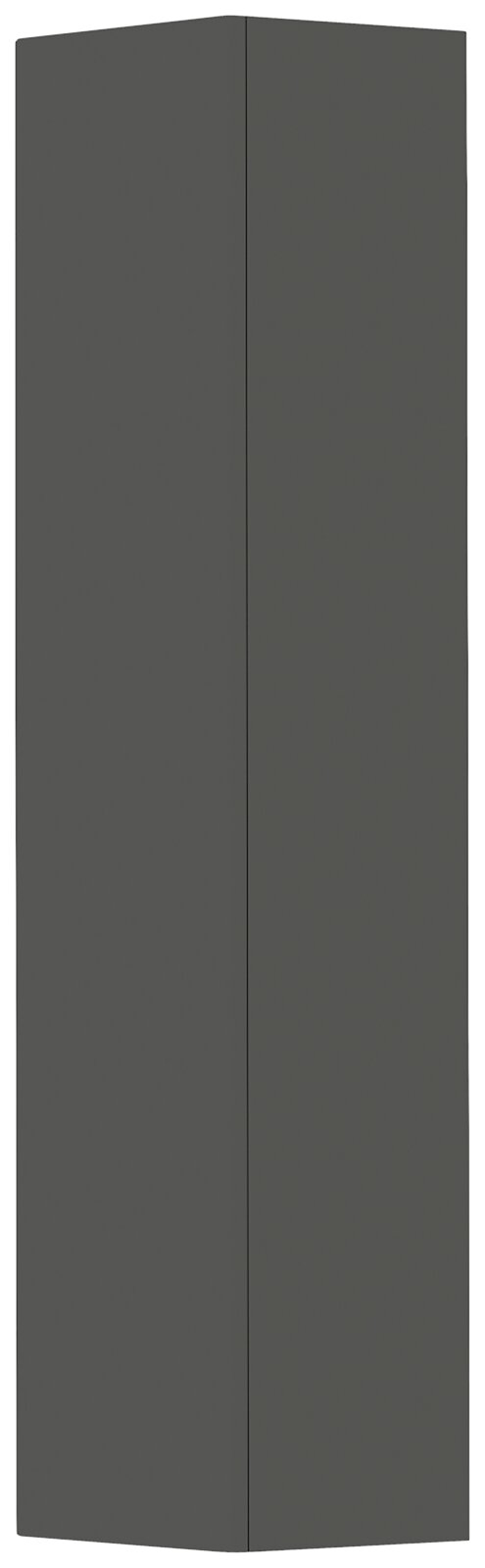 Dunkelgrauer Hänge-Garderobenschrank mit einer Tür, perspektivisch von vorne gezeigt.