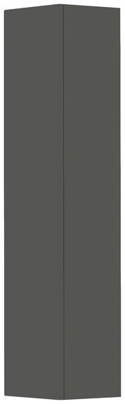 Dunkelgrauer Hänge-Garderobenschrank mit einer Tür, perspektivisch von vorne gezeigt.