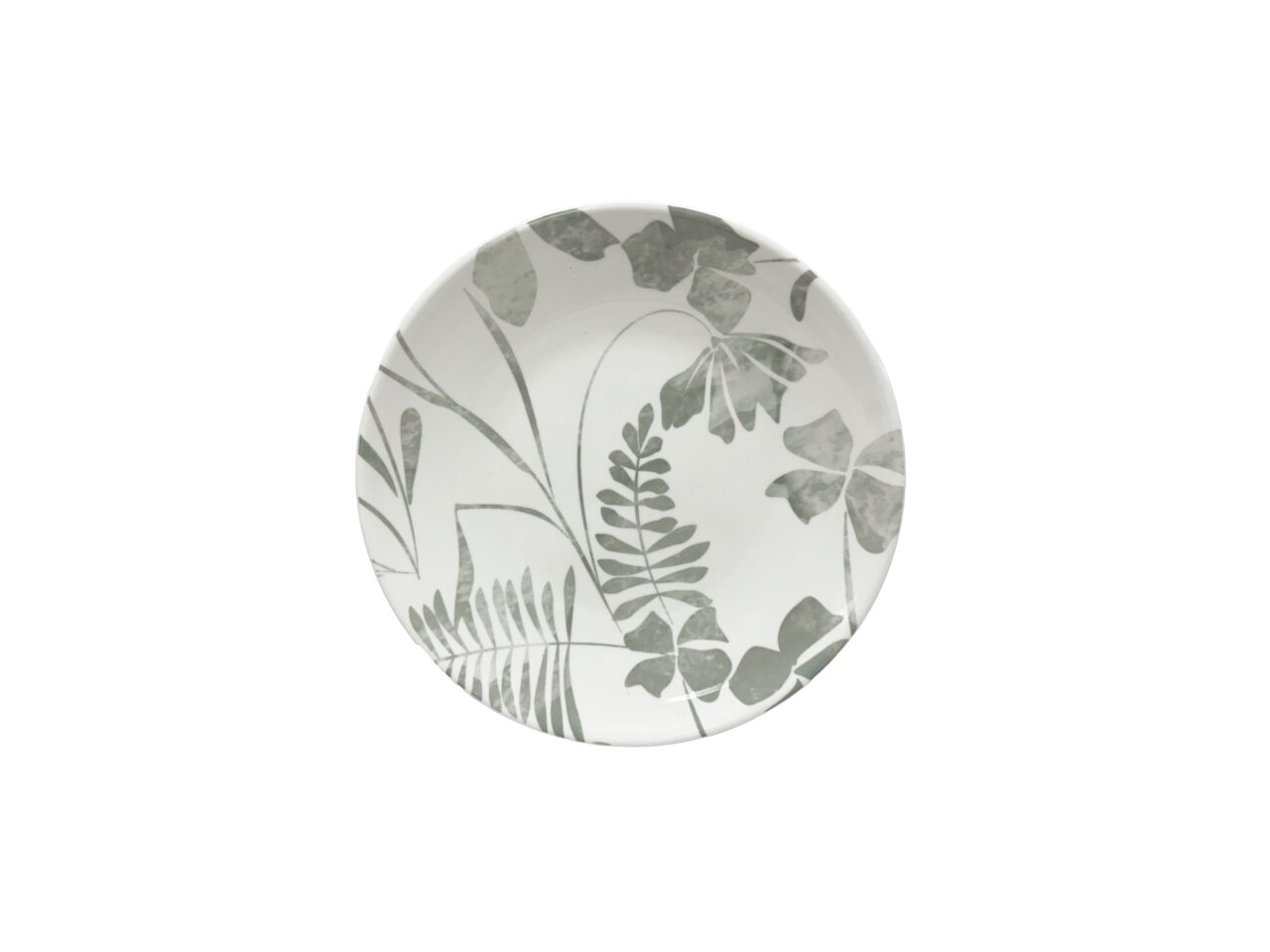 Porzellanteller mit grauem Blattmuster, Draufsicht