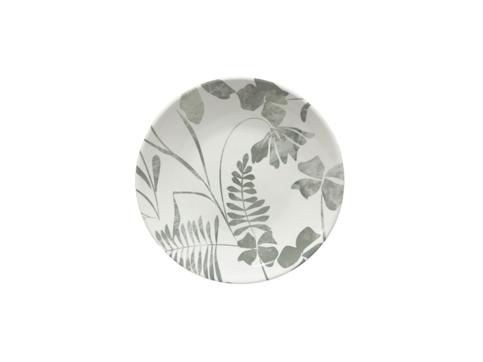 Porzellanteller mit grauem Blattmuster, Draufsicht