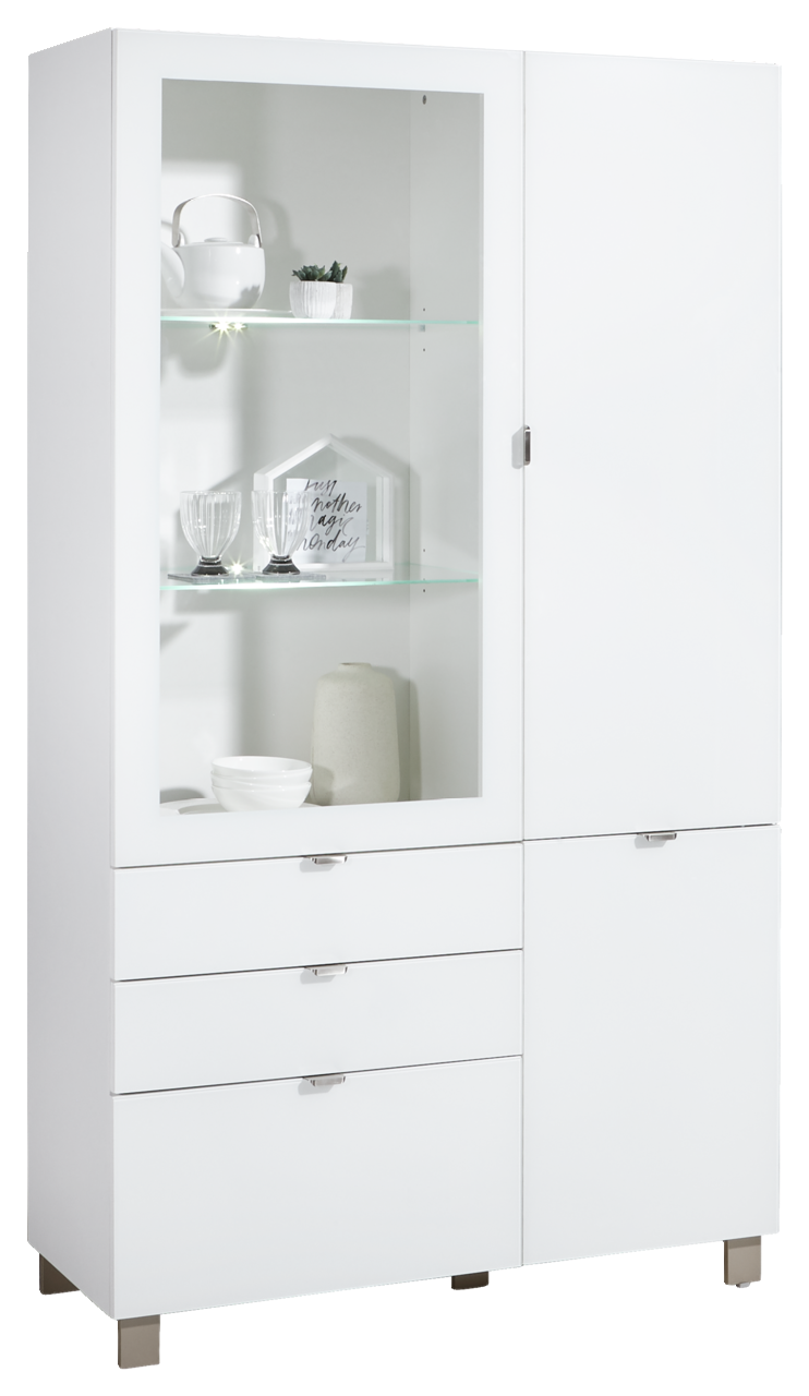 Hom´in Vitrine POOLE Weiße Vitrine mit Glastüren und Schubladen, frontal fotografiert, mit dekorativen Elementen wie Gläsern und einer Teekanne.