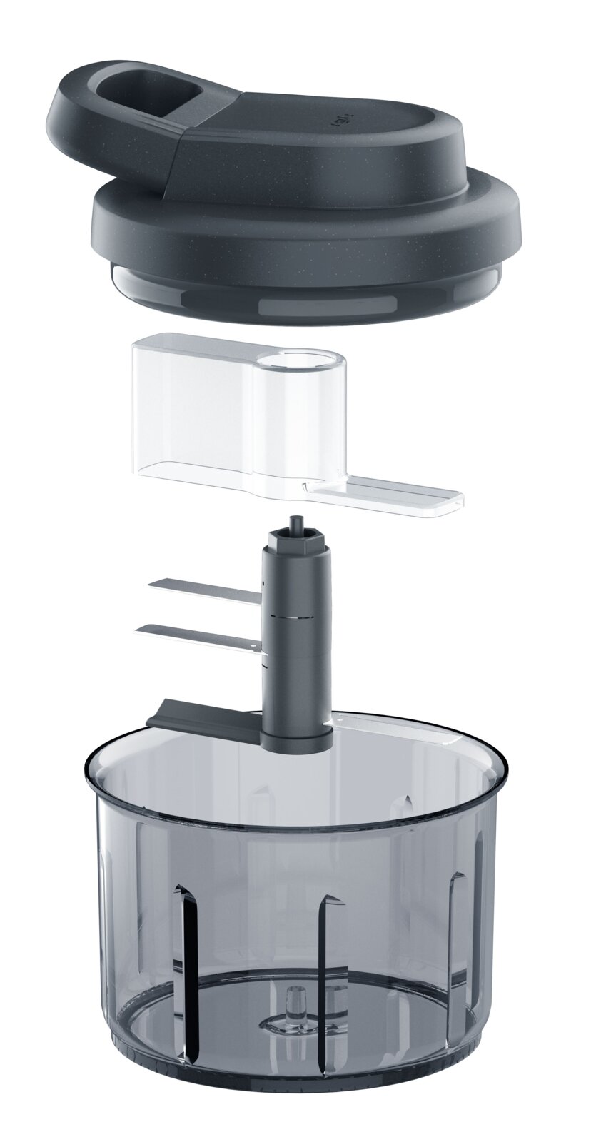 Exploded view van een compacte keukenhakmolen met transparante kom, messenunit, invoerhulp en donkergrijs deksel, schuin van voren op witte achtergrond
