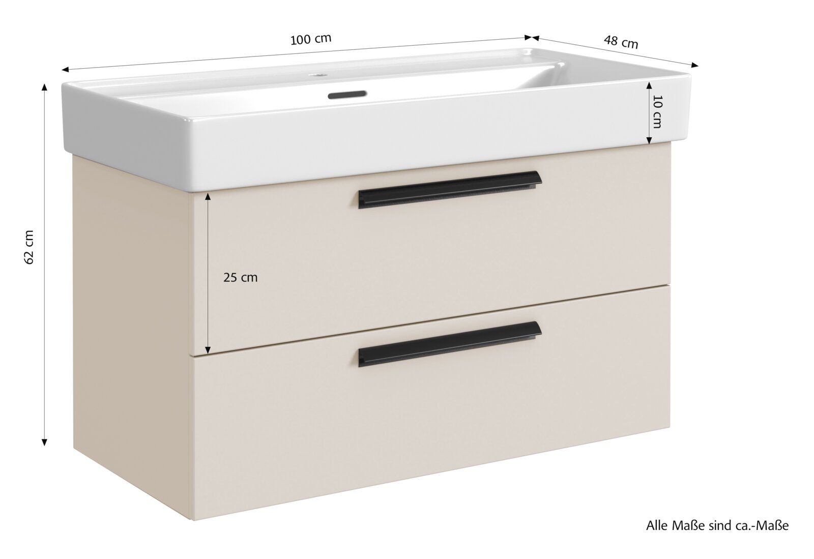 Wastafelset met twee lades, vooraanzicht, afmetingen: 100 cm breed, 48 cm diep, 62 cm hoog