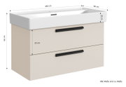 Wastafelset met twee lades, vooraanzicht, afmetingen: 100 cm breed, 48 cm diep, 62 cm hoog