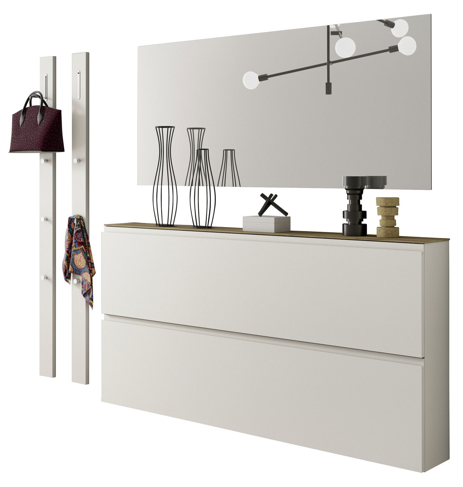 Moderano Garderoben-Set LECCO Garderobenset mit zwei weißen Paneelen mit Haken, einem großen Spiegel und einer weißen Kommode, seitliche Perspektive