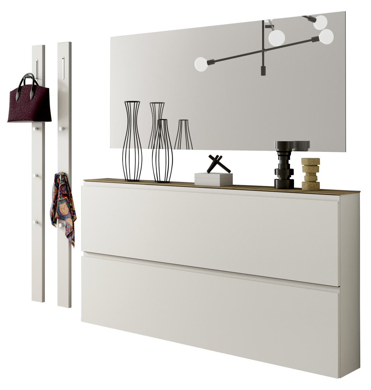 Moderano Garderoben-Set LECCO Garderobenset mit zwei weißen Paneelen mit Haken, einem großen Spiegel und einer weißen Kommode, seitliche Perspektive