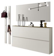 Garderobenset mit zwei weißen Paneelen mit Haken, einem großen Spiegel und einer weißen Kommode, seitliche Perspektive