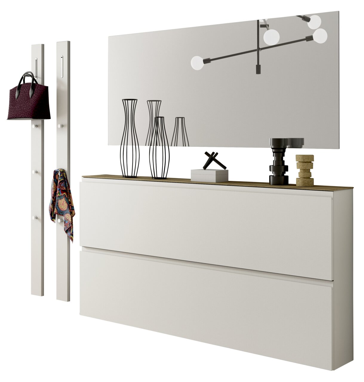 Moderano Garderoben-Set LECCO Garderobenset mit zwei weißen Paneelen mit Haken, einem großen Spiegel und einer weißen Kommode, seitliche Perspektive