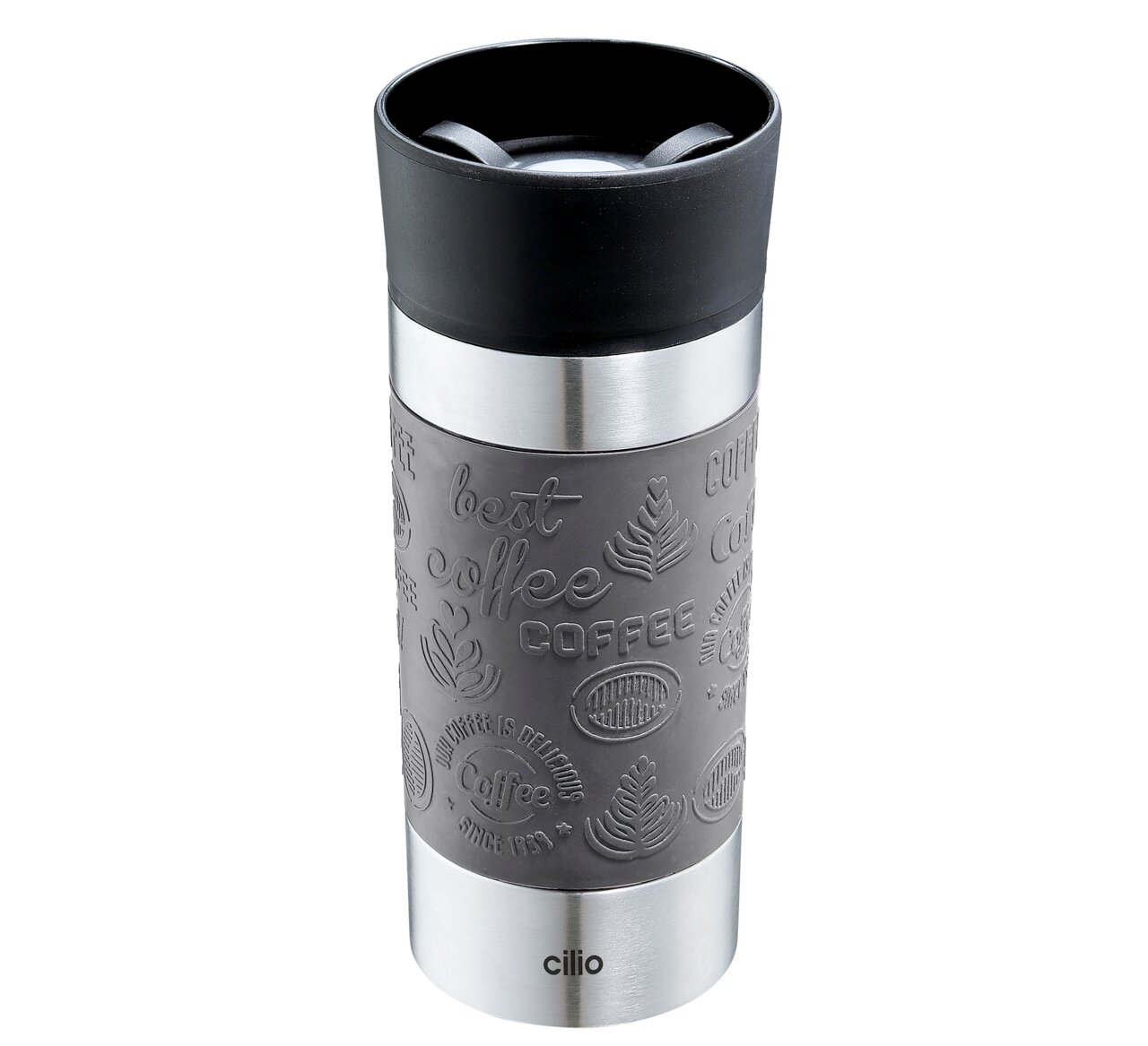 Grauer Isoliertrinkbecher 360ml mit schwarzem Deckel und geprägtem Kaffeedesign, seitliche Perspektive